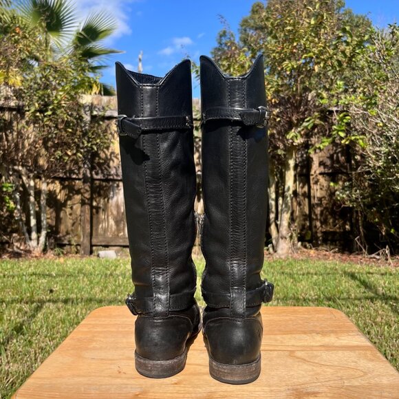 Frye Phillip Black Leather Knee High Buckle Riding Boots Size 6.5 B - Picture 4 of 8